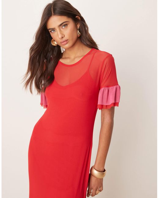 Never Fully Dressed Red Mesh Ruffle Maxi Dress