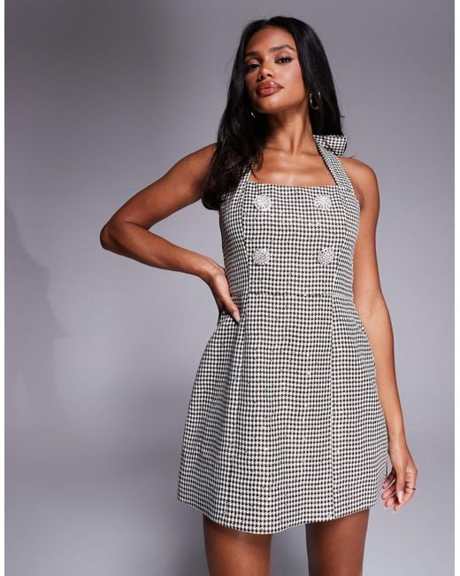 ASOS Gray Sequin Houndstooth Halter Mini Dress With Embellished Buttons