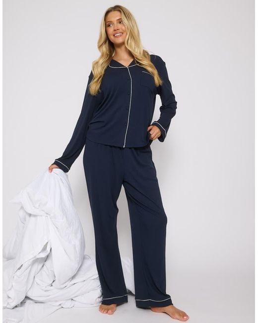 Loungeable Blue Rib Long Sleeve Traditional Shirt And Long Pant