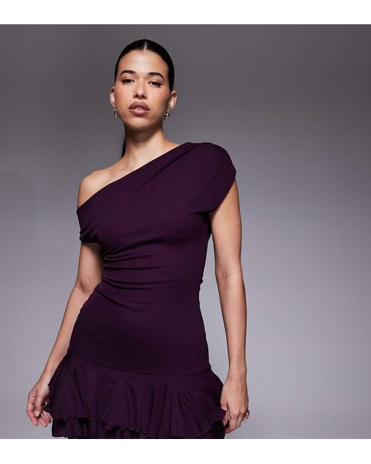 Kaiia Purple Exclusive Textured Mesh Drape Off Shoulder Rara Hem Mini Dress