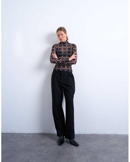 TOPSHOP Blue Mesh High Neck Check Print Long Sleeve Top