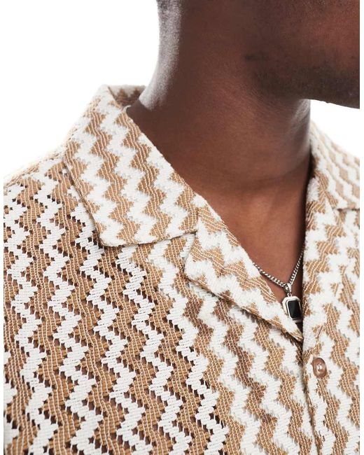 New Look Brown Zig Zag Revere Crochet Shirt for men