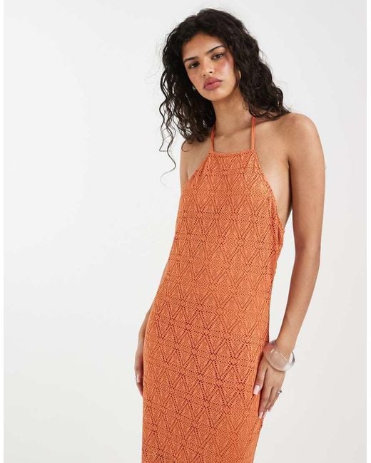 Vero Moda Orange Stretch Lace Halter Maxi Dress