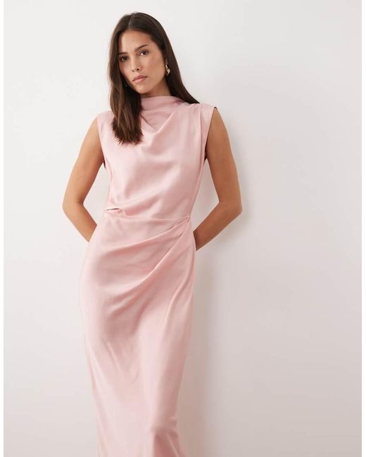 ASOS Pink Satin High Neck Pleated Bodice Midi Dress