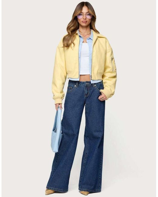 Edikted Blue Zayna Cropped Faux Leather Bomber Jacket