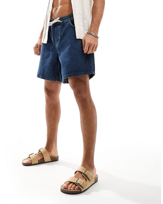 ASOS Blue Wide Mid Length Denim Shorts With Elasticated Waist for men
