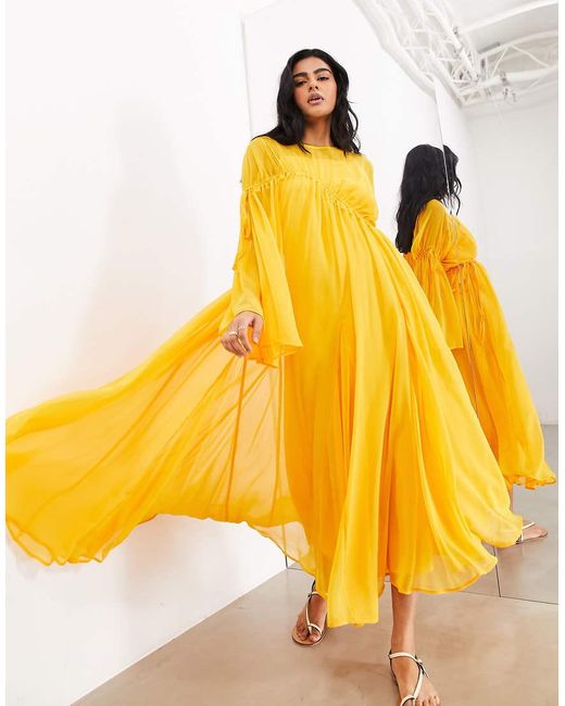ASOS Yellow Long Sleeve Chiffon Maxi Dress With Gathered Detail