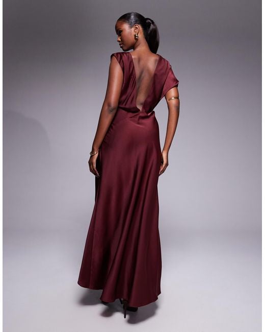 ASOS Purple Satin Asymmetric Neckline Maxi Dress With Pleat Shoulder And Skirt Detail