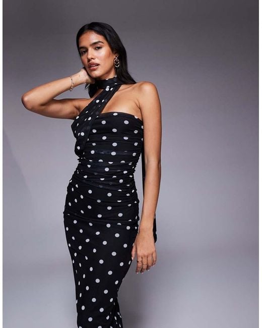 ASOS Blue Printed Polka Dot Bandeau Maxi Dress With Scarf Detail