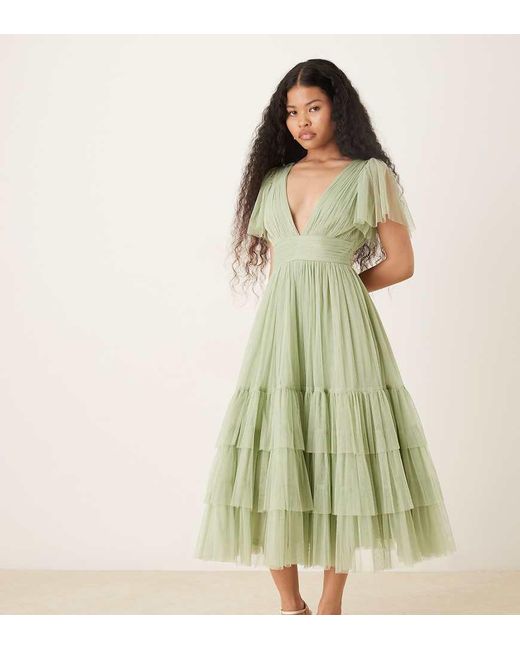 LACE & BEADS Green Bridesmaid Tulle Flutter Sleeve Plunge Neck Midi Dress