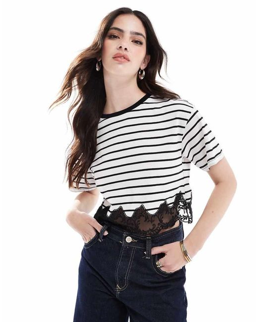 Miss Selfridge Black Stripe Lace Hem Short Sleeve T-Shirt