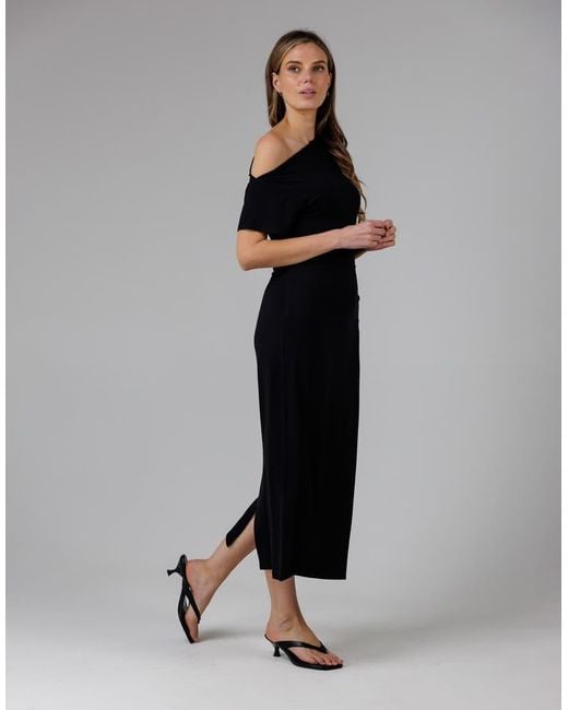 French Connection Black Ruched Boat Neck Short Sleeve Midi Dress