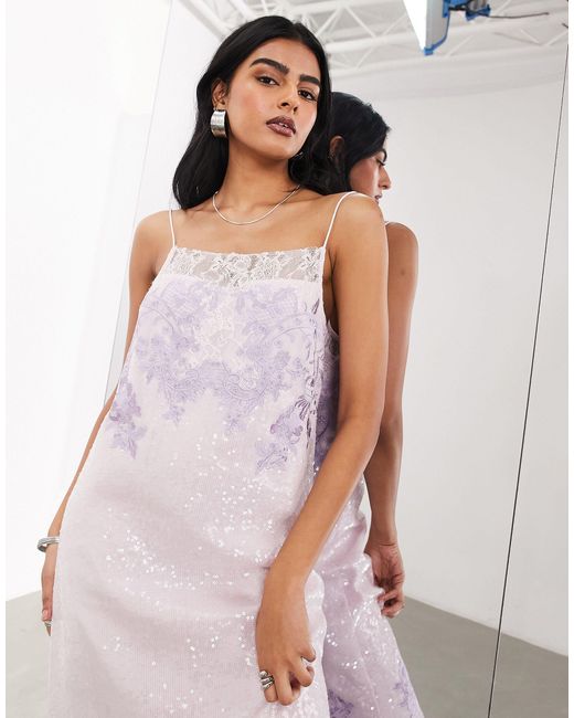 ASOS Purple Embroidered Lace And Sequin Panelled Cami Column Midi Dress