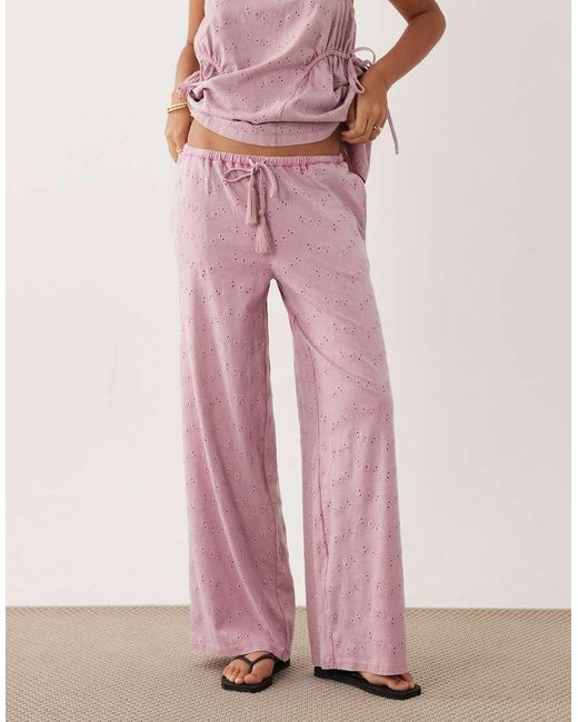 ASOS Pink Wide Leg Drawcord Tassel Detail Jersey Broderie Co-ord Trouser