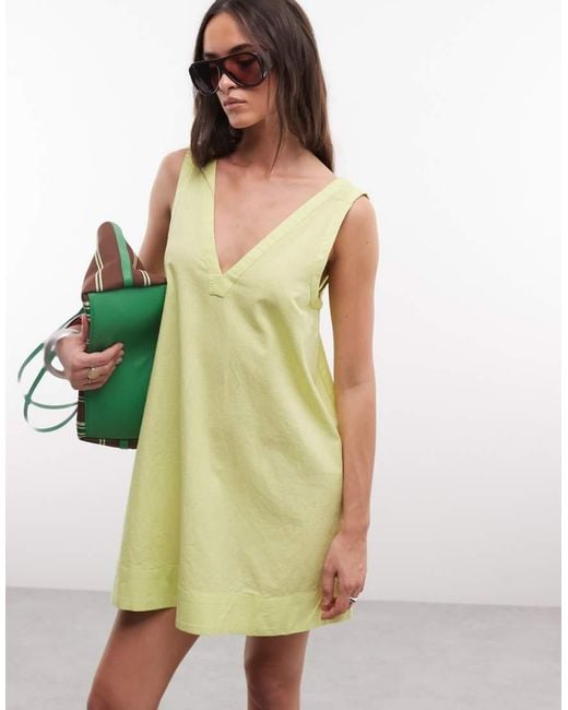 ASOS Yellow Cotton Linen V Neck Smock Mini Dress