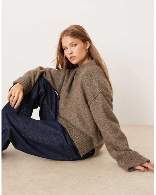 Gina Tricot Blue Relaxed Crew Neck Folded Sleeve Knitted Sweater
