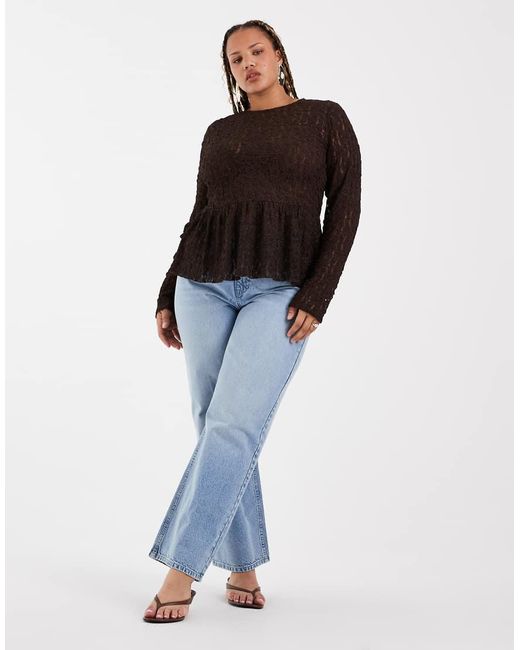 Vero Moda Brown Long Sleeve Textured Peplum Top