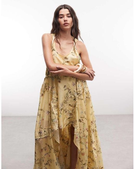 AllSaints Metallic Dorina Asymmetric Ruffle Floral Midi Dress