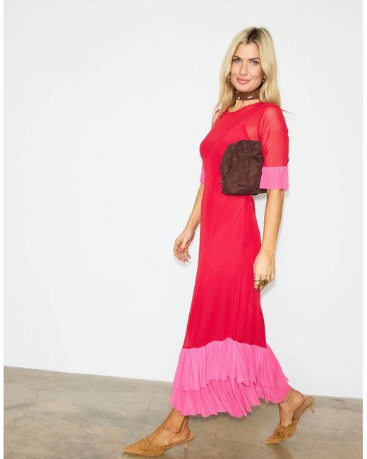 Never Fully Dressed Red Mesh Flutter Sleeve Ruffle Hem Midaxi Dress