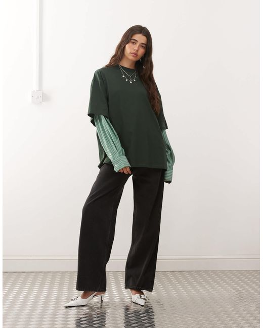 T-shirt 2-en-1 oversize effet superposé avec chemise à manches longues rayée - foncé/ Lioness en coloris Green