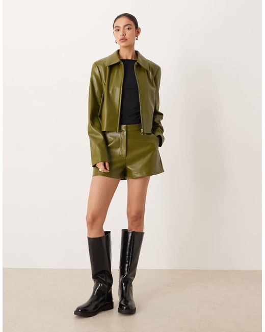 ASOS Green Tailored Faux Leather Zip Front Cropped Blazer Co-Ord