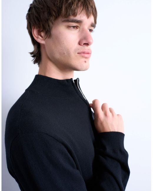Topman Black Essential Knitted 1/4 Zip Funnel for men