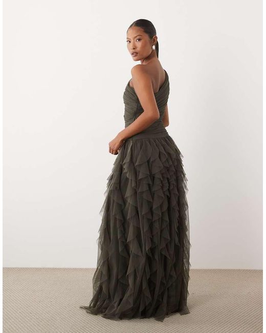 LACE & BEADS Green One Shoulder Waterfall Ruffle Maxi Dress