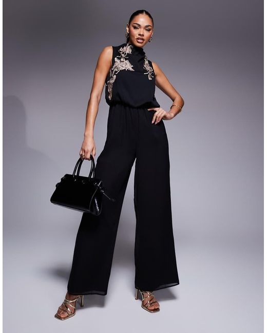 ASOS Blue Cowl Neck Embroidered Wide Leg Jumpsuit