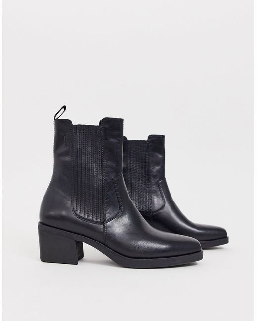 Vagabond Black Simone Leather Western Mid Heeled Ankle Boots With Square Toe