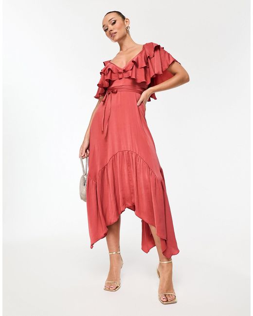 ASOS Red Satin V Front V Back Ruffle Midi Dress