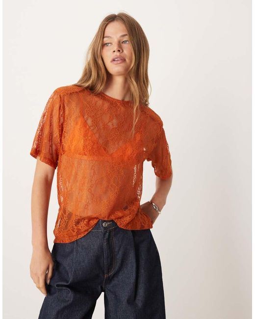 ASOS Orange Lace Boxy Sheer Tee With Shoulder Pads