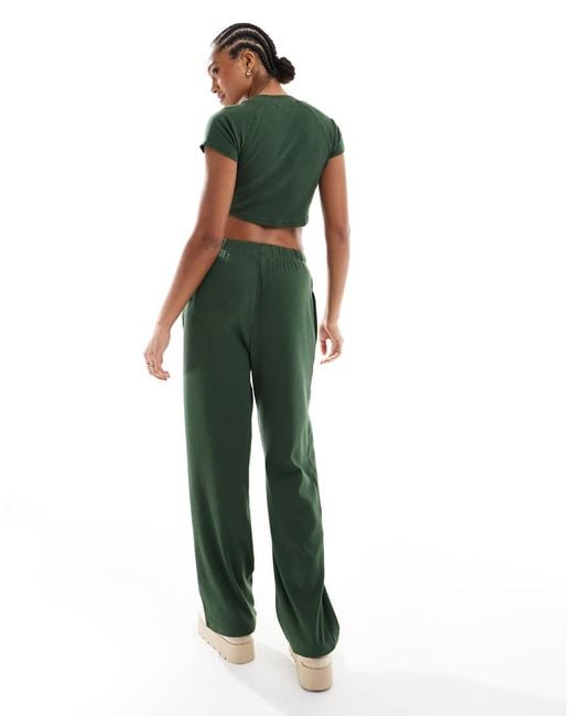 Brave Soul Green Ribbed Cropped T-shirt And Wide Leg Trouser Lounge Set