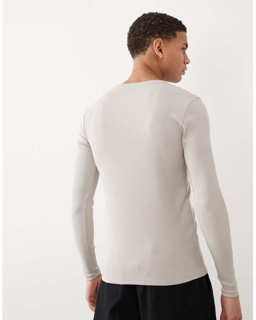 ASOS Gray Muscle Fit Long Sleeve T-shirt With Notch Neck for men