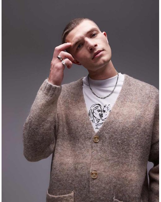 Topman Brown Oversized Brushed Ombre Cardigan for men