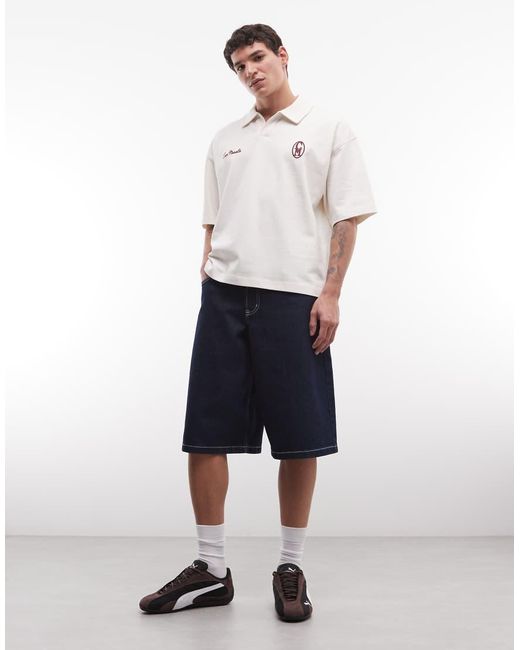 ASOS White Super Heavyweight Boxy Oversized Polo With Chest Print for men