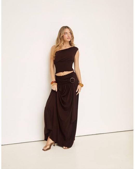 Princess Polly Brown Full Orbit Asymmetric Shoulder Shirred Fitted Waist Top