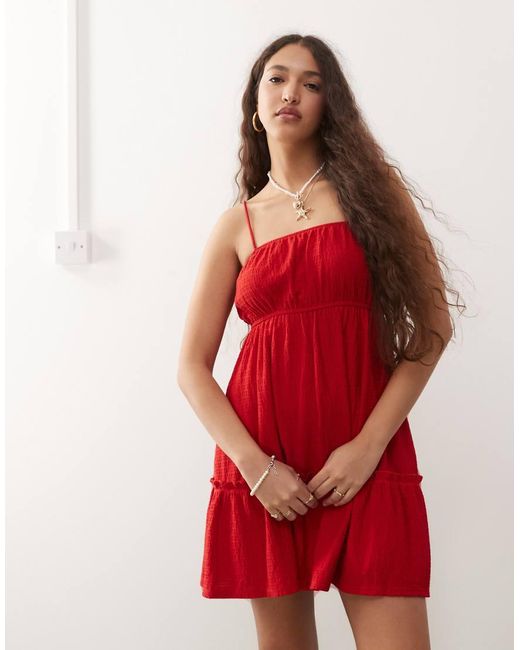 Miss Selfridge Red Seersucker Tie Smock Dress
