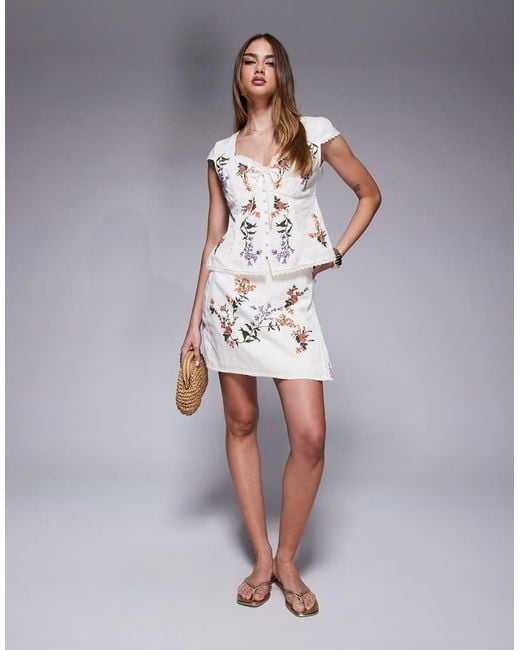 River Island White Embroidered Linen Wrap Skirt Co Ord
