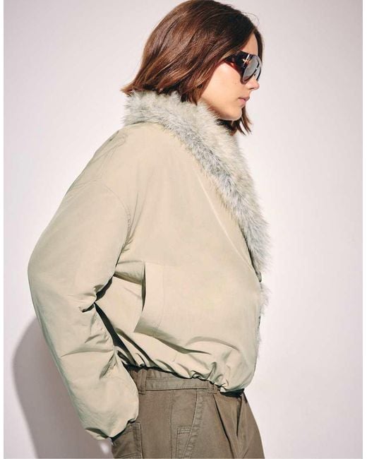 Stradivarius Natural Padded Shawl Neck Faux Fur Jacket