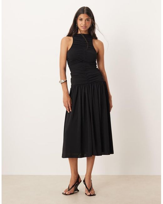 Mango Black Drop Hem Ruched Midaxi Dress