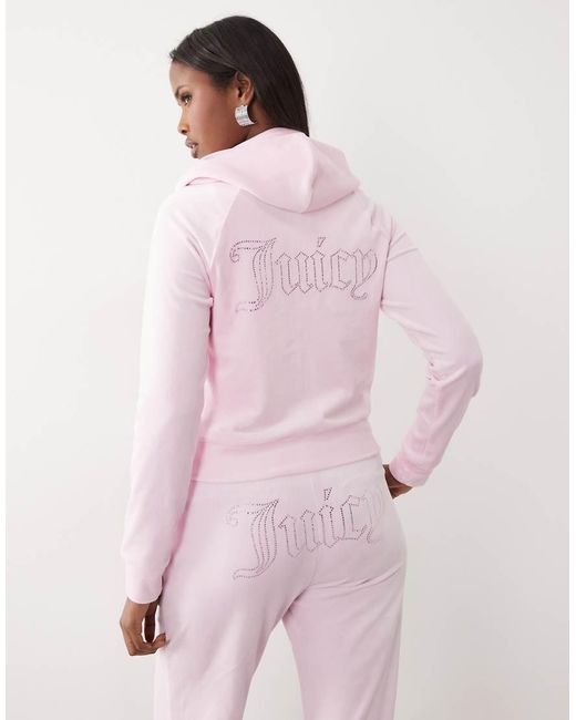 Juicy Couture Pink Velour Diamante Logo Detail Zip Through Hoodie