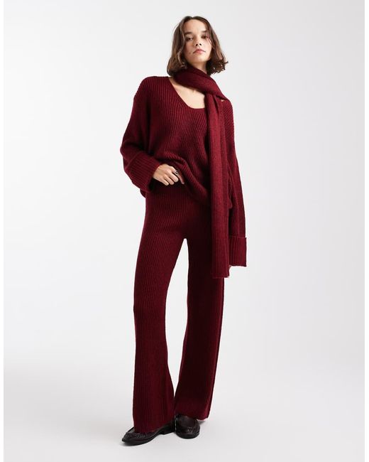 4th & Reckless Red Ribbed Knitted Deep Cuff V Neck Scarf Detail Jumper Co-ord
