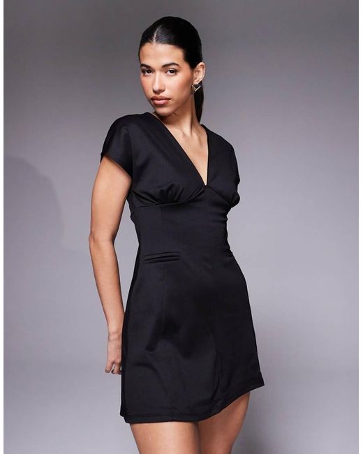 ASOS Black Short Sleeve Plunge Seam Detail Mini Dress