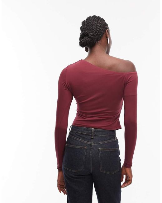 ASOS Red Slinky Off Shoulder Ruched Detail Long Sleeve Top