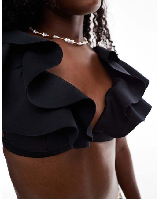 River Island Black Frill Plunge Bikini Top