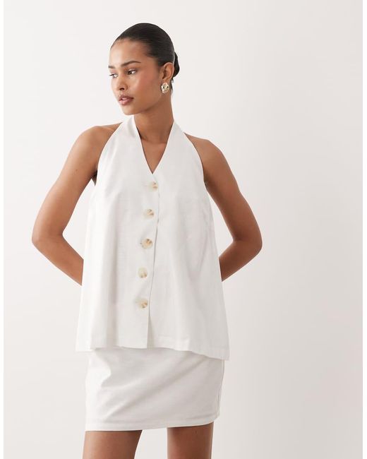 SNDY'S White Cotton & Linen Blend Halterneck Button Through Longline Sleeveless Top Co-ord