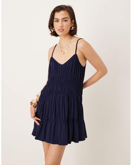 Mango Blue Shirred Strappy Mini Dress