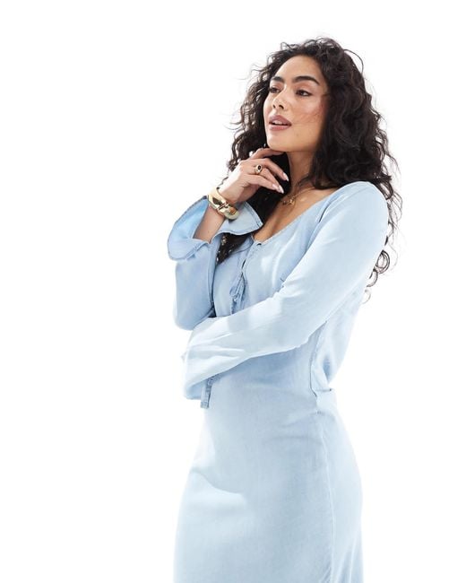 ASOS Blue Soft Denim Maxi Dress With Tie Front