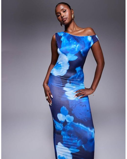 Fashionkilla Blue Double Sculpted Slinky Asymmetric Shoulder Maxi Dress