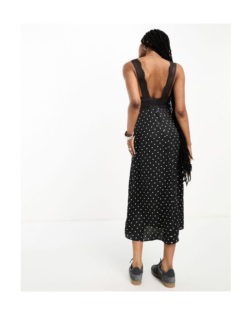 Free People White Polka Dot Lace Detail Satin Slip Dress